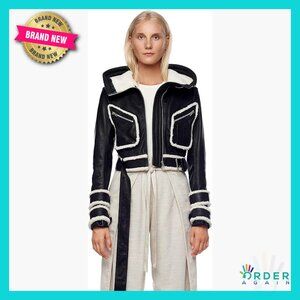 Cropped Leather Jacket with Hood Faux Shearling Collar Fitted Aviator Style